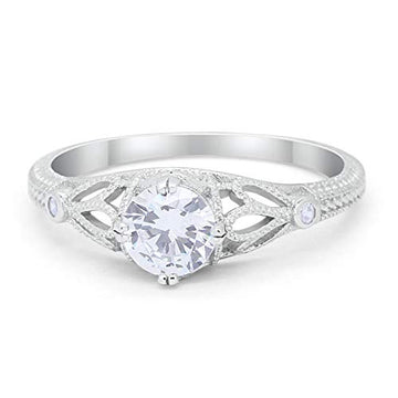 Vintage Design Solitaire Engagement Ring Simulated CZ 925 Sterling Silver